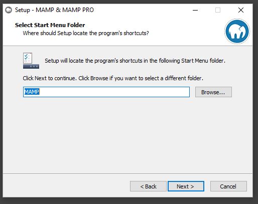 Fenêtre installation mamp start menu folder